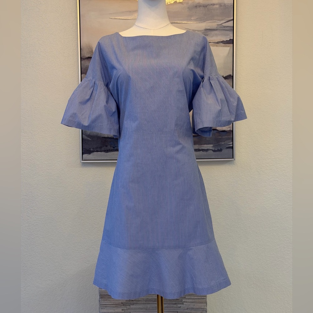 100% cotton Blue White Striped Midi Dress with Flare Sleeves - Picture 9 of 16